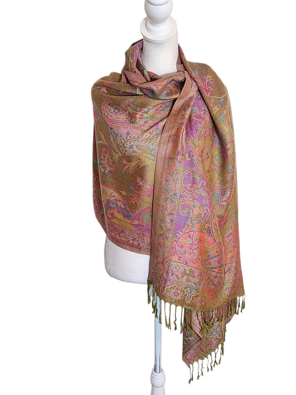 Green and Pink Paisley Pashmina Scarf Fringe Trim 27 x 72 Boho